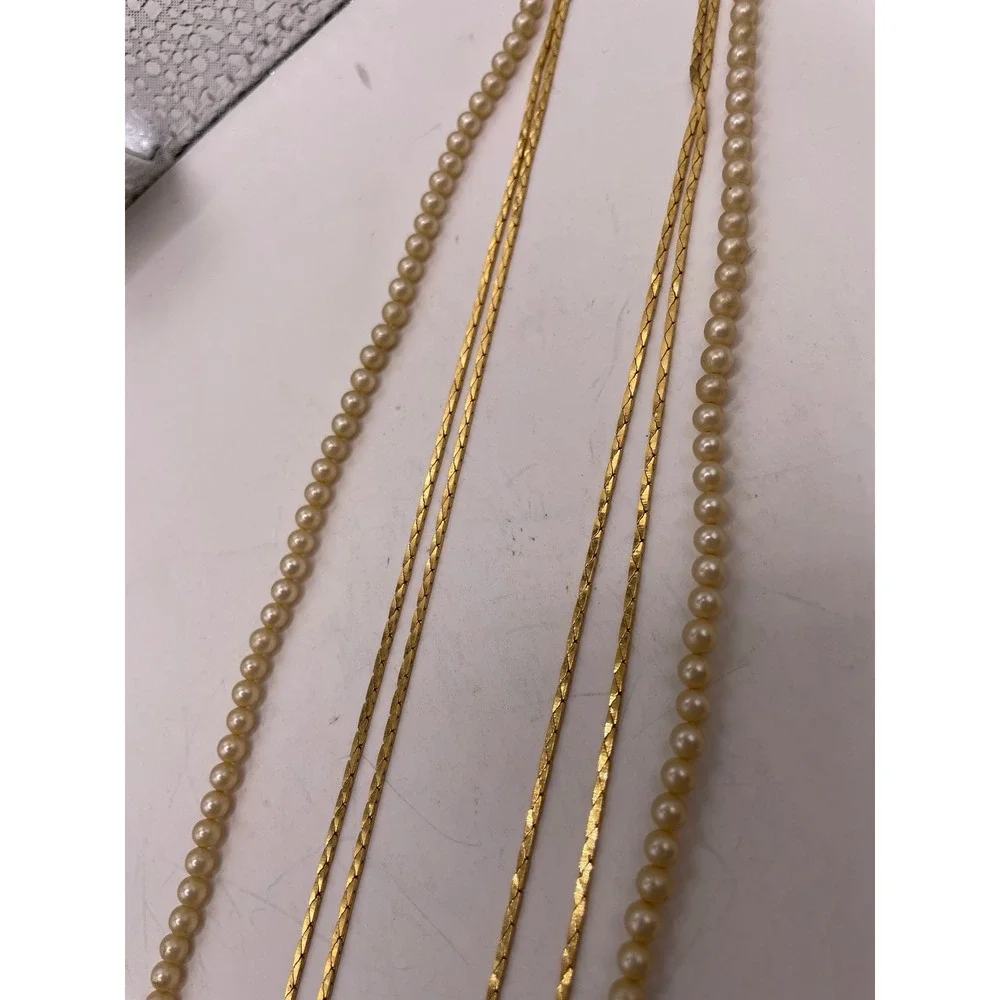 Vintage Crown Trifari© Gold Tone & Faux Pearl‎ Triple Strand Necklace 27
